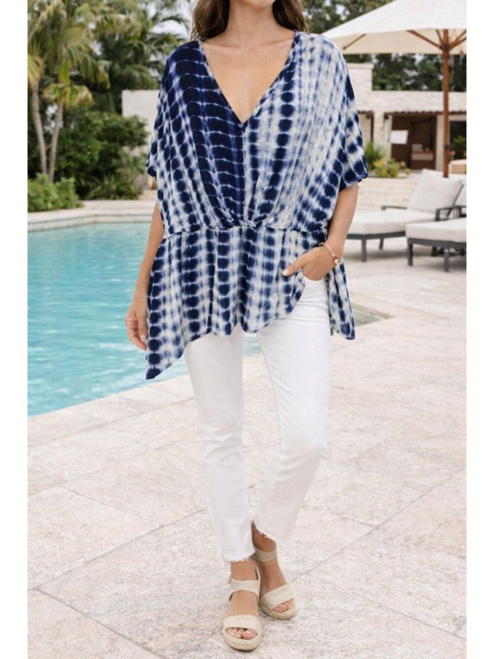 Bloomchic Blue Tie Dye Tunic Top Boho Plus 14-16 Flowy V Neck Hippie Boho